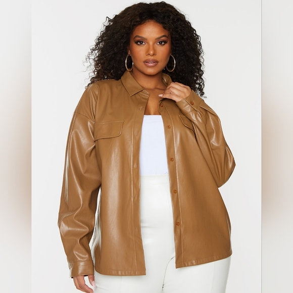 PrettyLittleThing NWT PU Brown Oversized Shirt Jacket Plus Size 1X Fall Casual - Picture 8 of 8